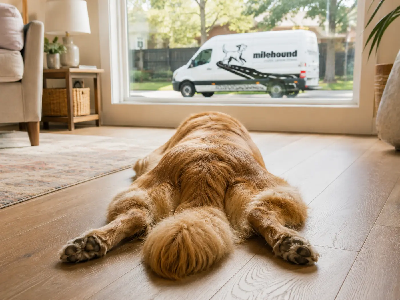 Happily tired golden retriever splooting on the floor at home after a Milehound mobile dog gym session, the Milehound van visible outside the window