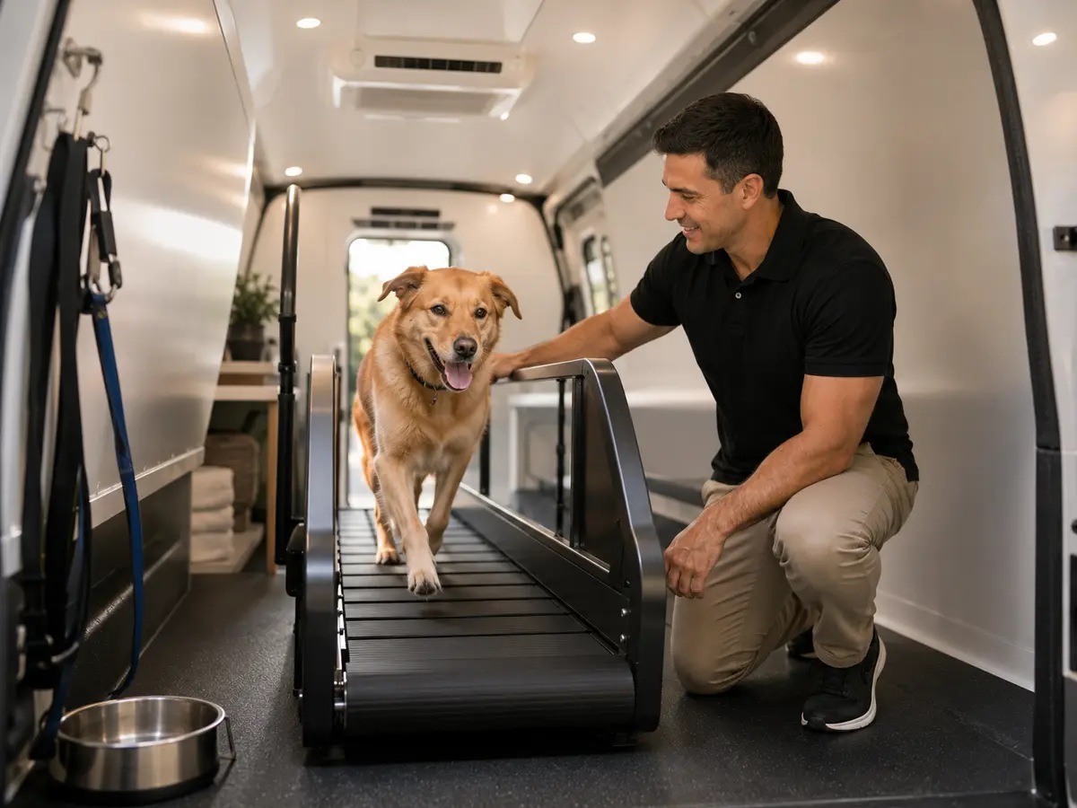 Dog trotting on a treadmill inside the climate controlled Milehound mobile dog gym van while a trained handler supervises